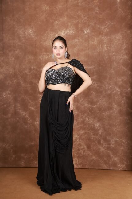 Designer Black Crop Top Skirt with Cape