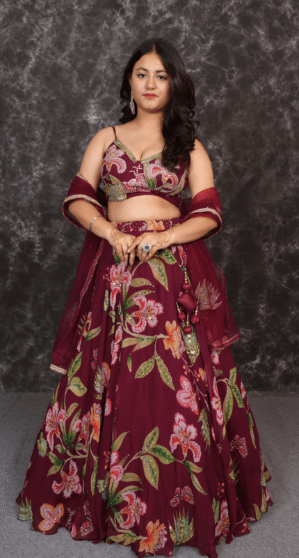 Wine Floral Crepe Lehenga Set