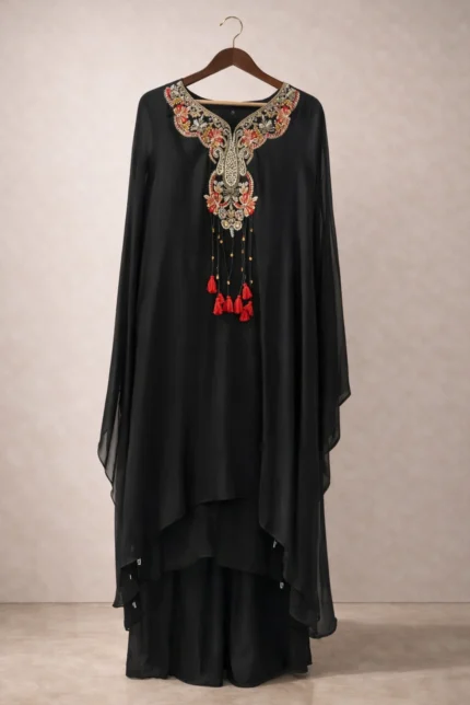 Black Crop Top Kaftan with Plazo Set