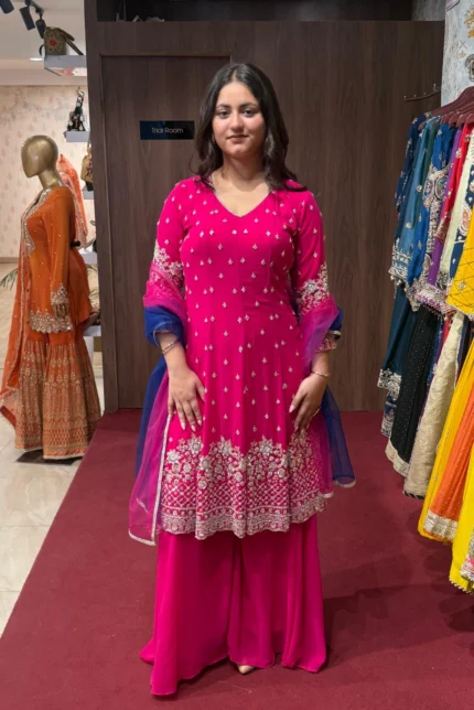 Pink Embroidery Short Kurti A-Line Plazo Set with Net Dupatta