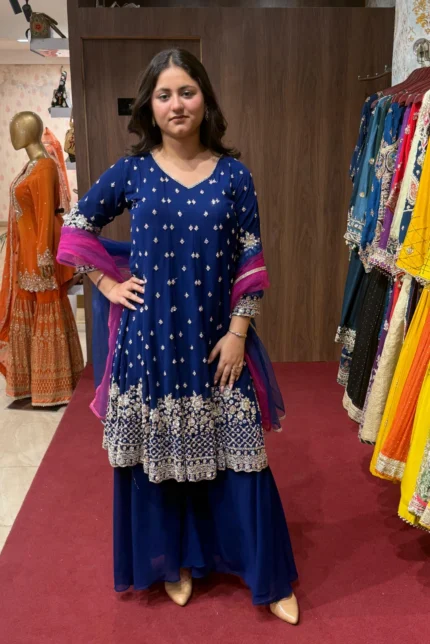 Embroidery Short Kurti A-Line Plazo Set with Net Dupatta