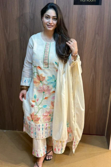 Katha Work Kurti with Pant & Dupatta Set