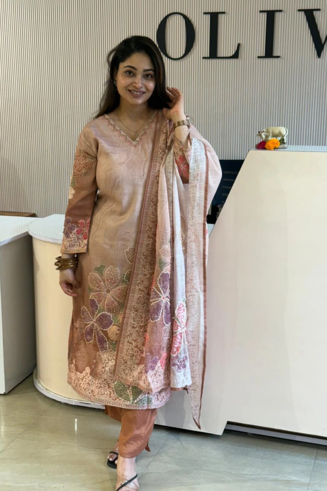 Peach kurti pant with Dupatta