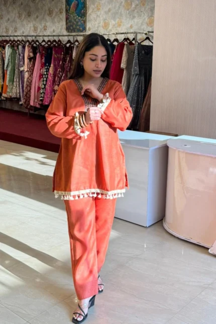 Orange Embroidery Short Kurti with Pant Co-ord Set