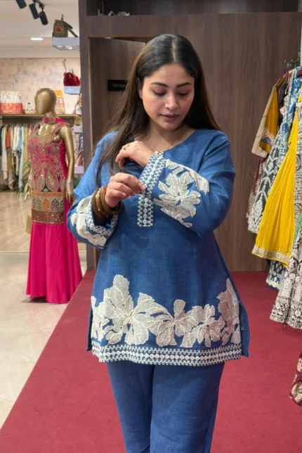Blue Sequence Embroidery Short Kurti with Pant Co-ord Set