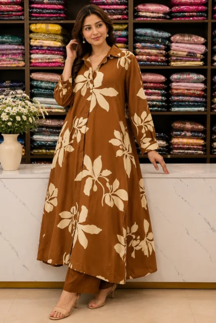 Brown A-Line Kurti with Plazo Set