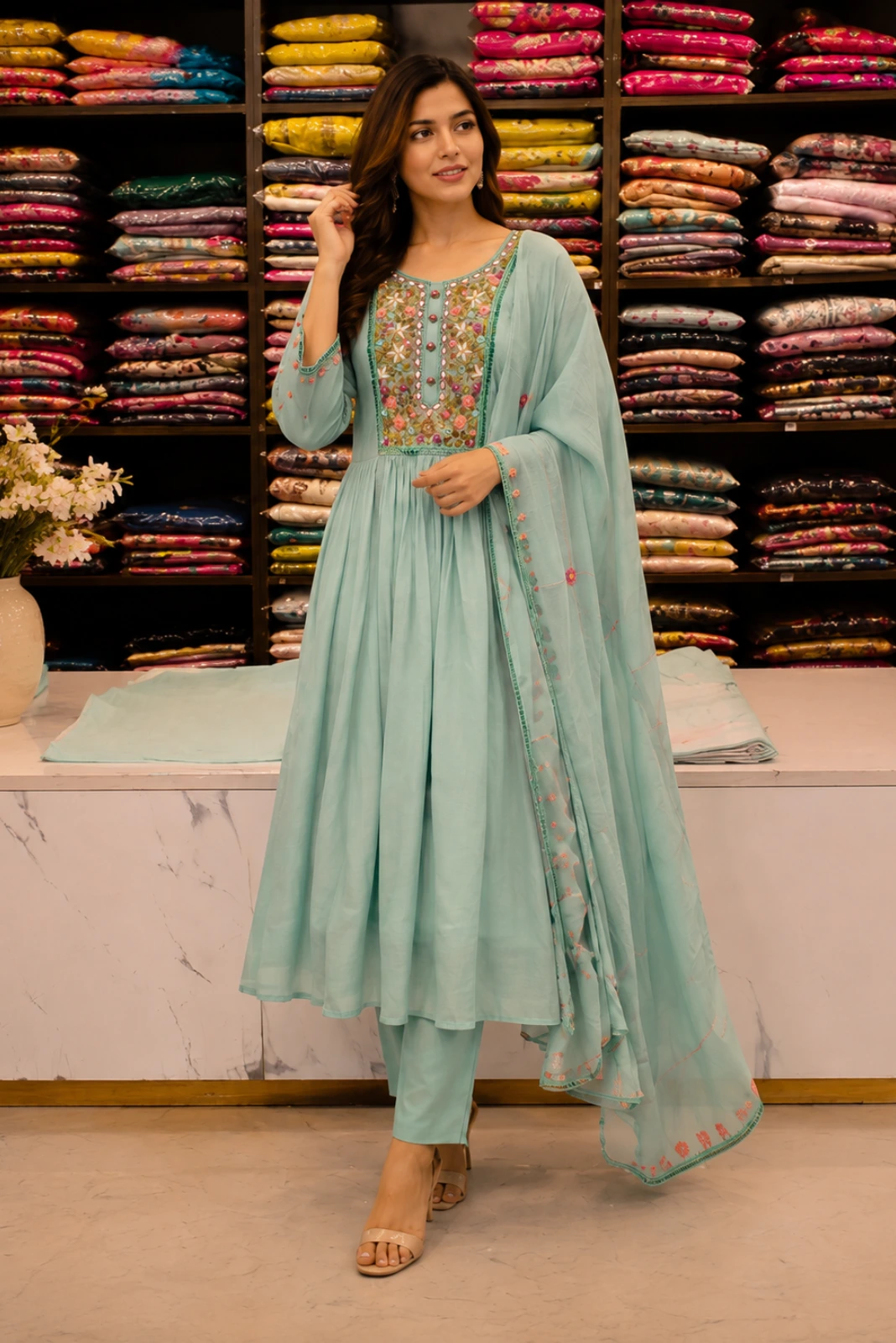 Light blue embroidery kurti Aline Pant with dupatta