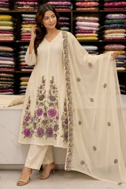 Off White Embroidery A-Line Kurti with Plazo & Dupatta Set