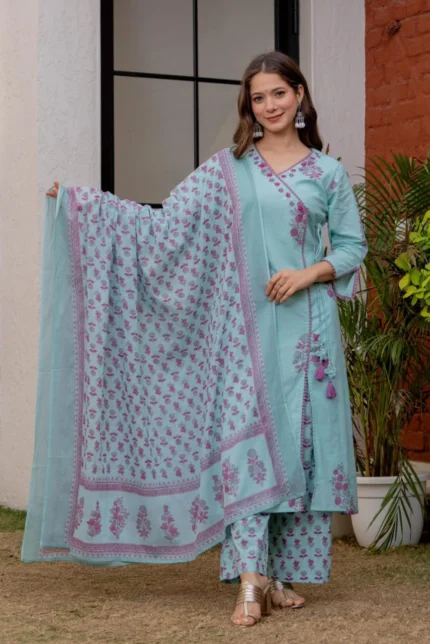 Angrakha Embroidery Kurti with Plazo & Dupatta