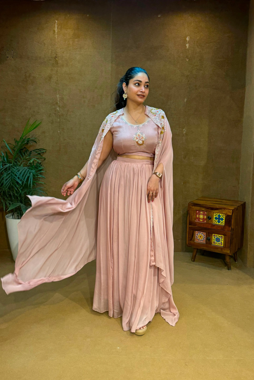 Baby Pink Embroidered Cape with Crop Top & Skirt Set1