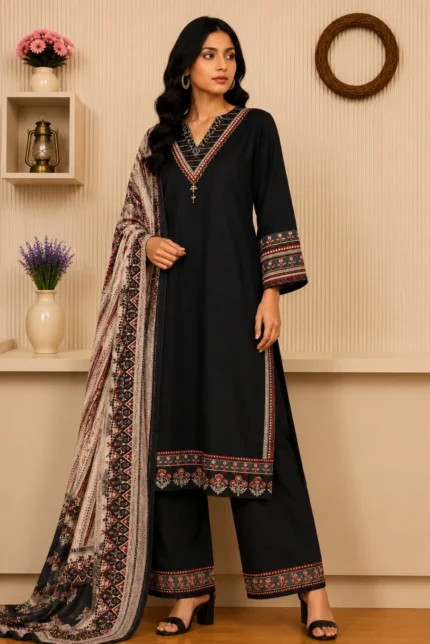 Black Embellished Kurta with Pant & Printed Dupatta