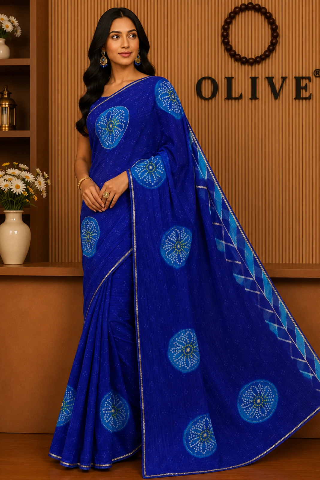 Blue Chiffon Leheriya Embroidered Saree1