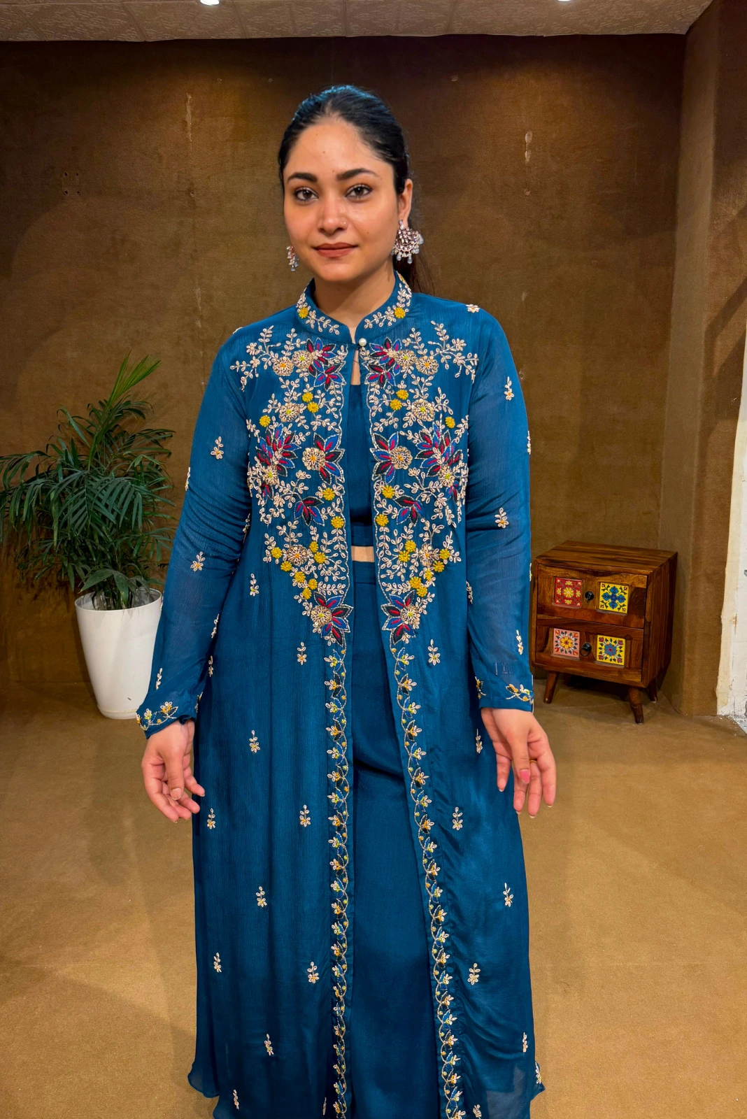 Blue Embroidered Jacket with Top & Skirt