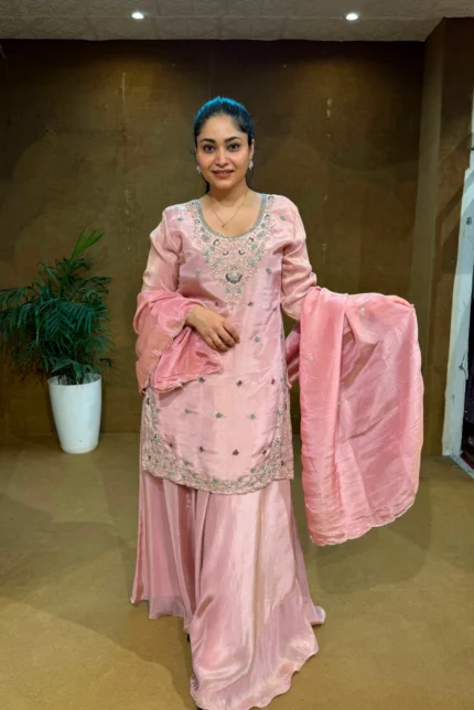 Blush Pink Embroidered Kurti with Skirt & Dupatta Set