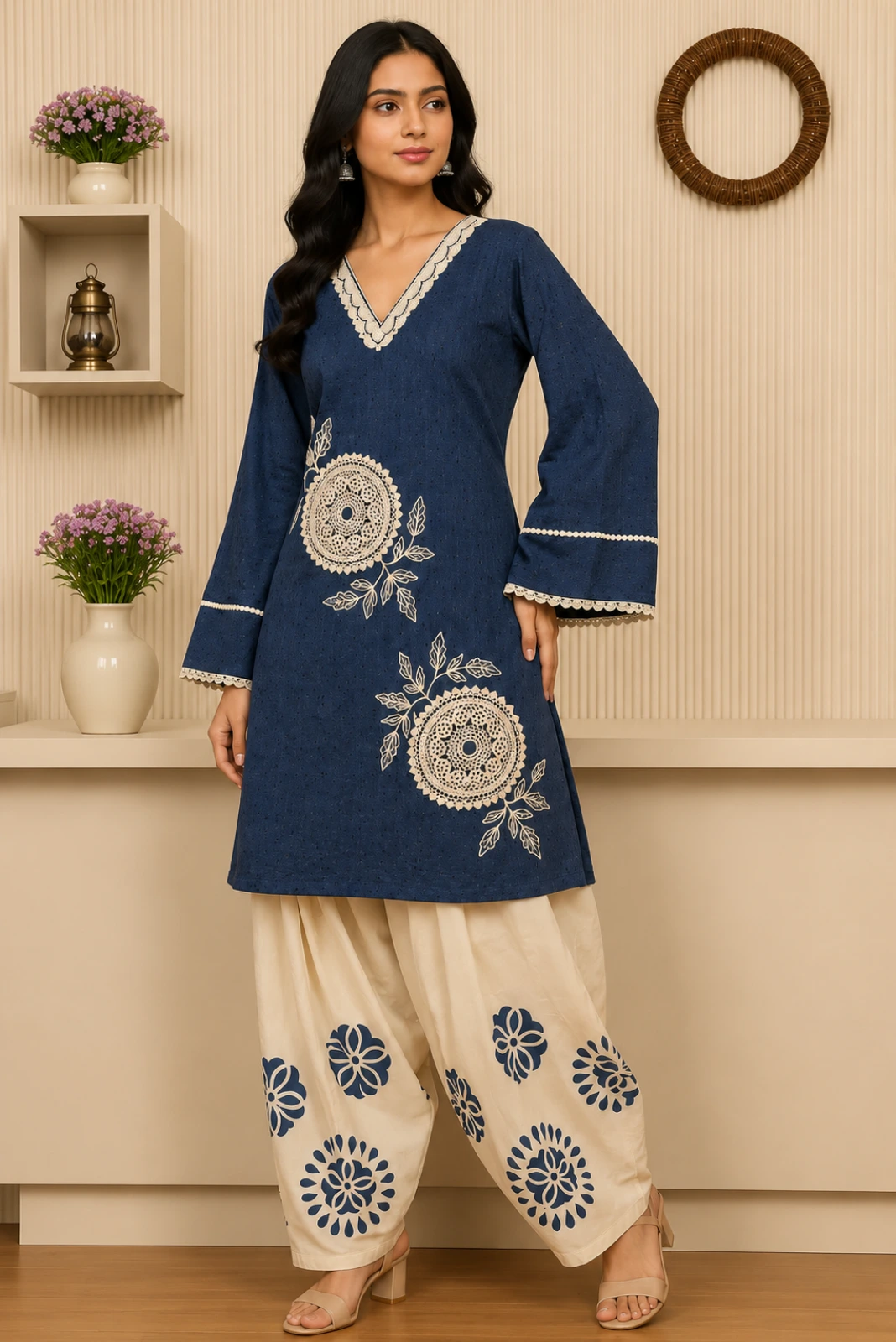 Designer Blue Embroidered Kurti with Floral Print Farshi Salwar