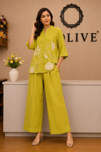 Designer Lemon Green Floral Co-Ord Set with Pants