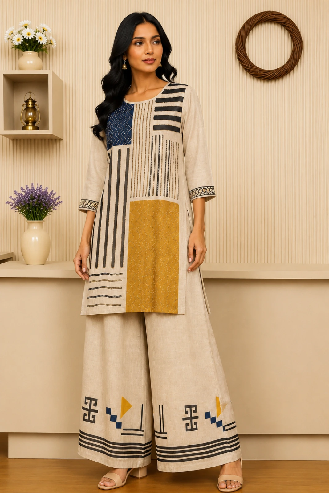 Elegant Beige & Mustard Printed Kurta with Palazzo
