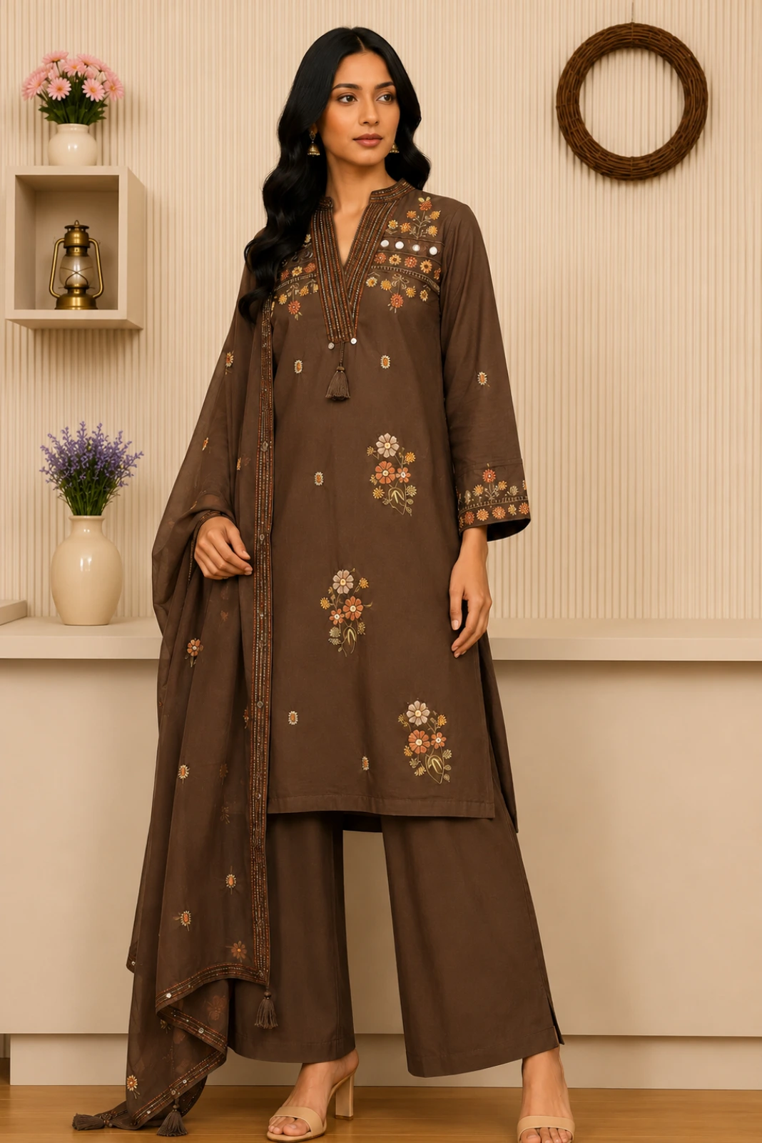 Elegant Coffee Brown Embroidered 3-Piece Suit Set
