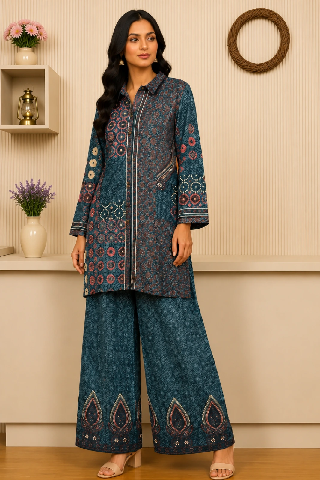 Elegant Navy Blue Floral Kurti with Palazzo Cord Set