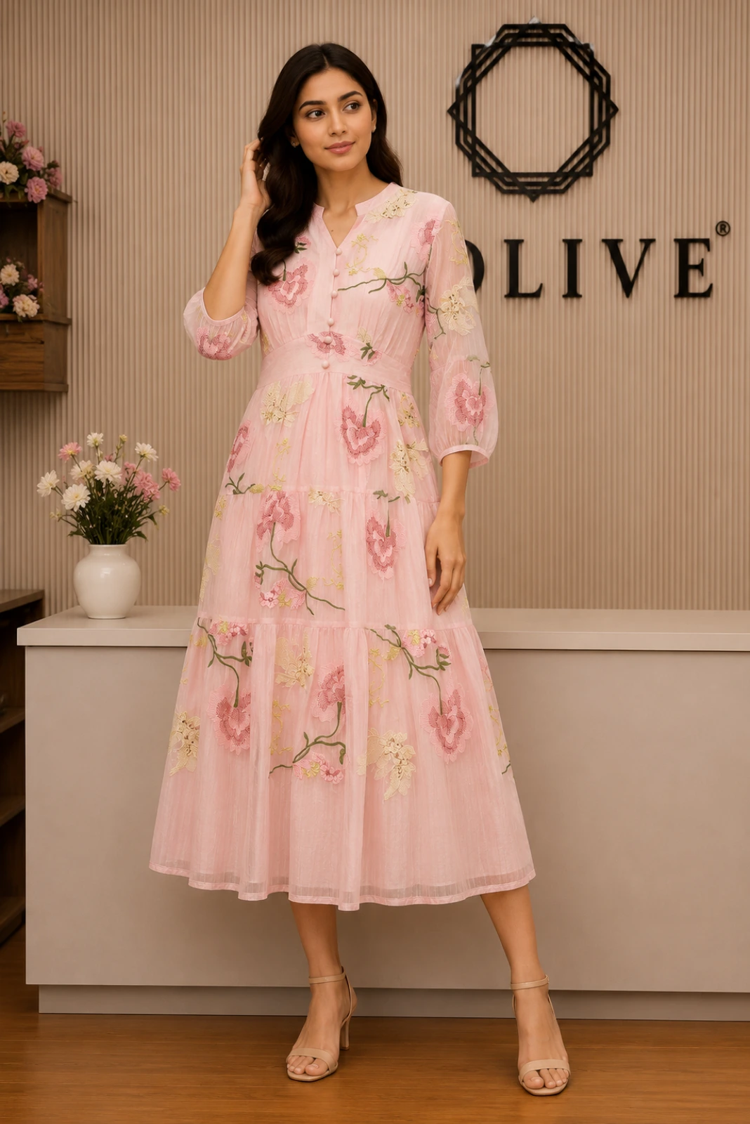 Elegant Pink Floral Embroidery Midi Dress