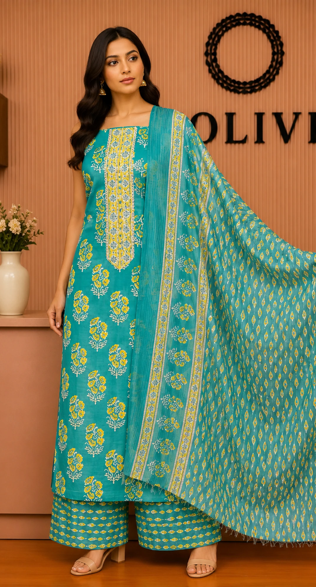 Elegant Rama Turquoise Cotton Suit Set