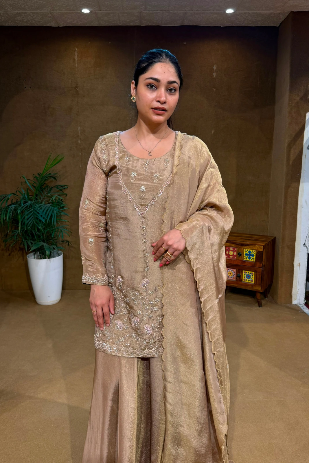 Golden Embroidered Kurti with Skirt & Dupatta Set