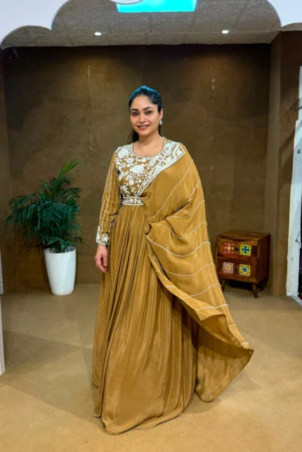 Golden Mustard Designer Drape Gown Set