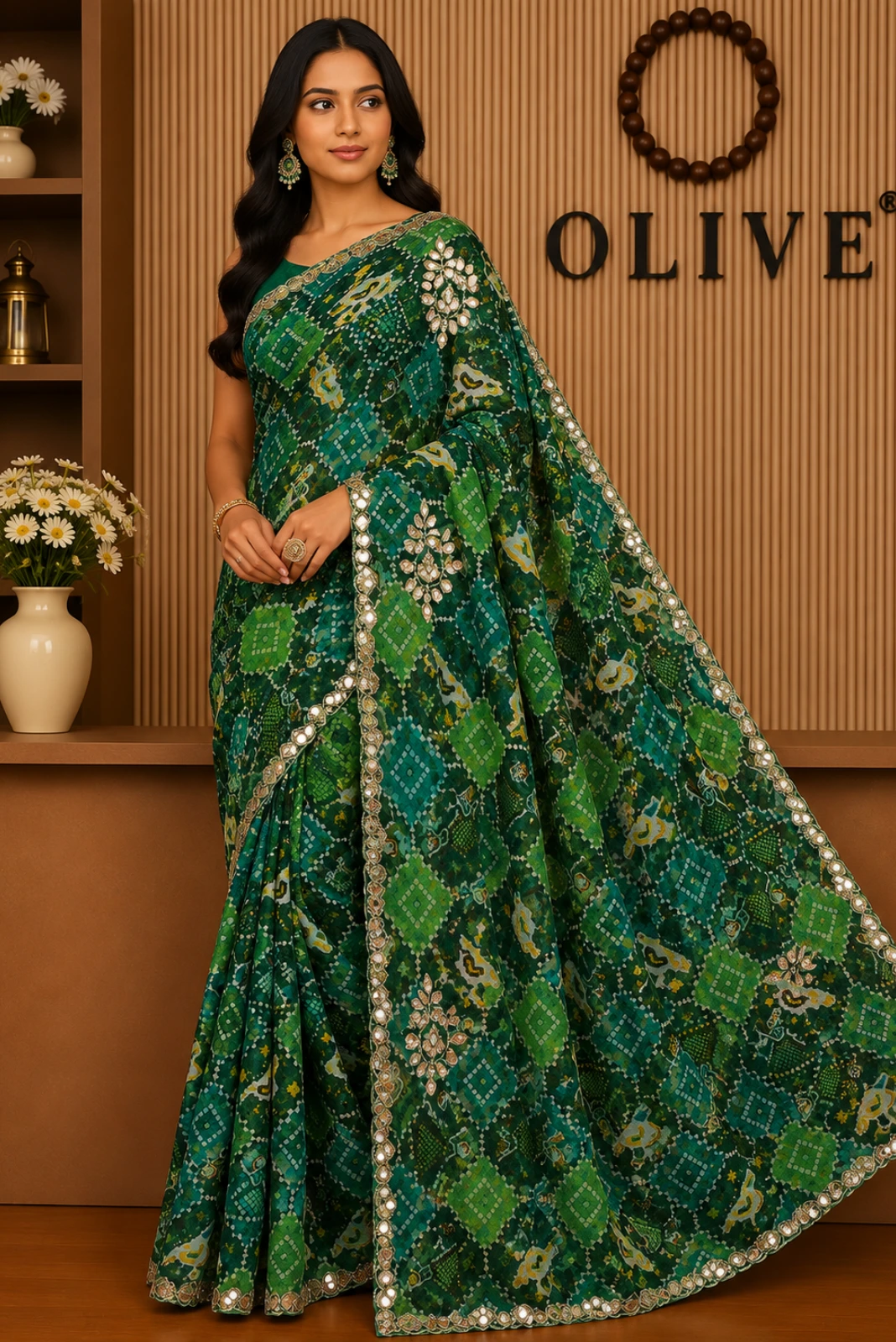 Green Chiffon Embroidered Saree1
