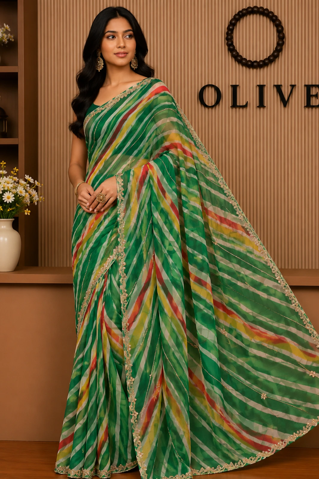 Green Chiffon Leheriya Embroidered Saree1