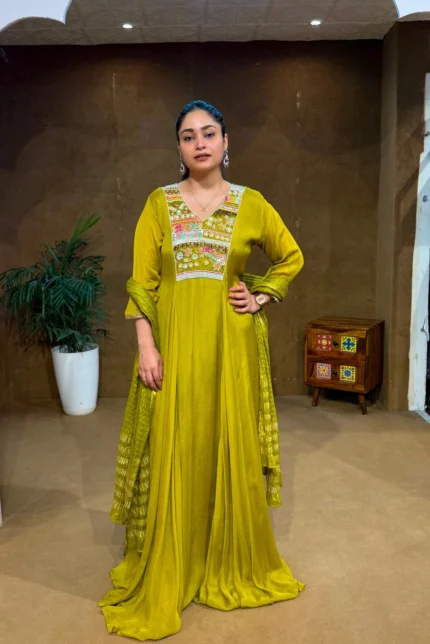 Green Embroidered Designer Gown Set with Dupatta