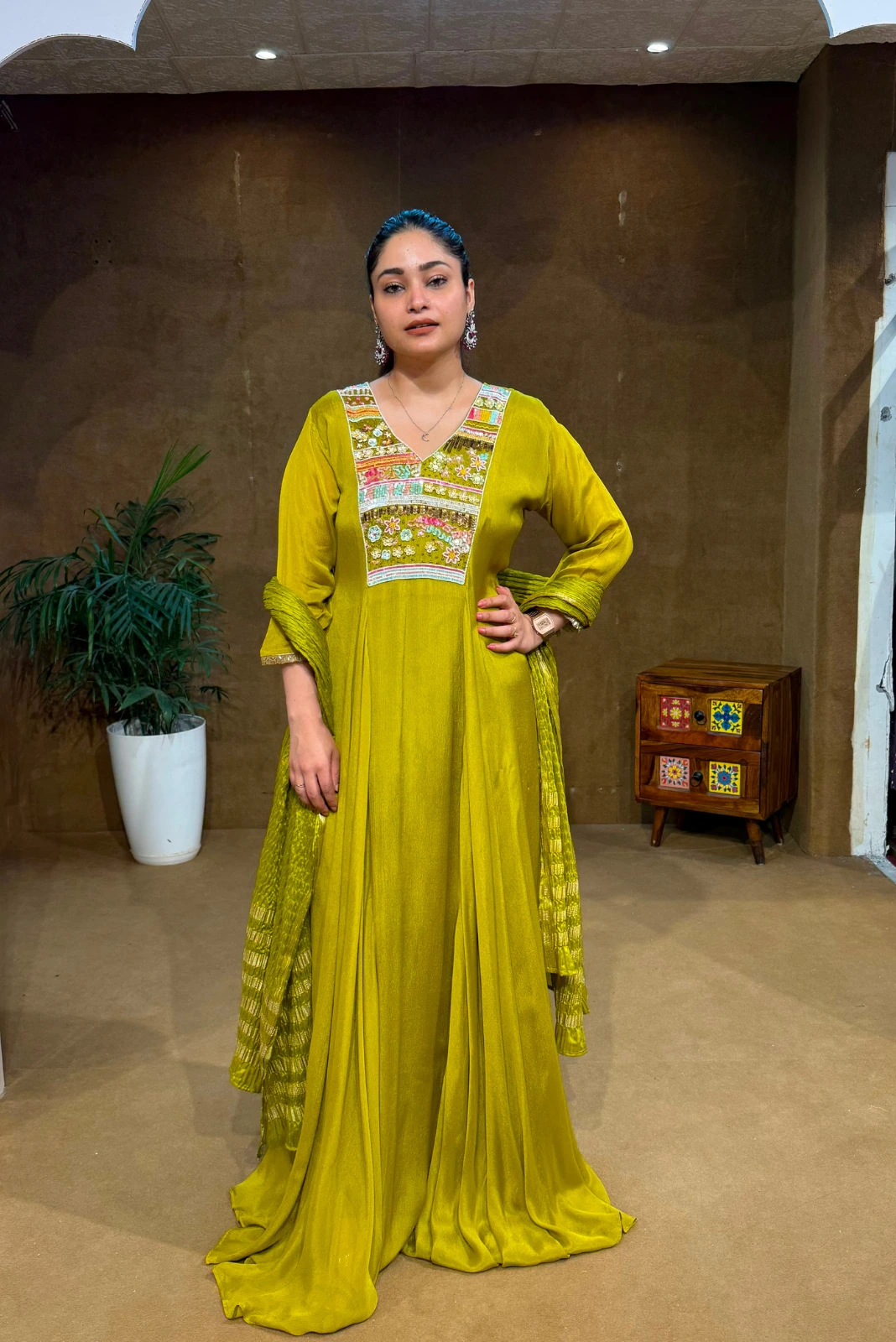 Green Embroidered Designer Gown Set with Dupatta