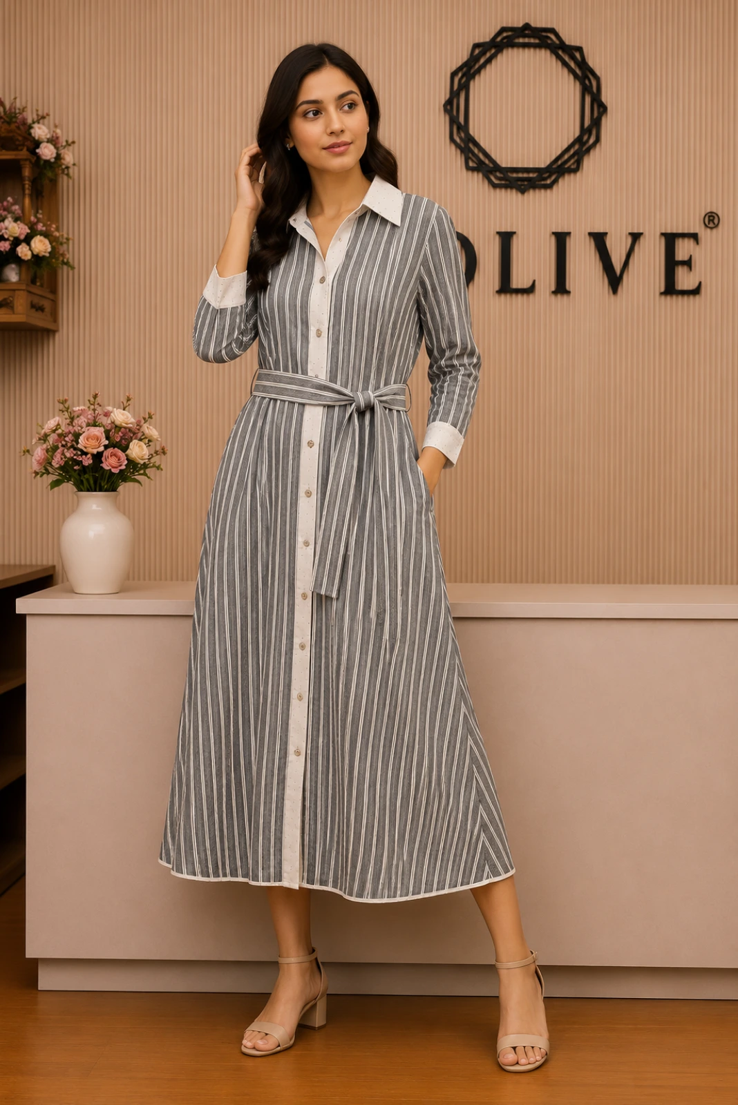 Grey Classic Striped Collared Midi Dress