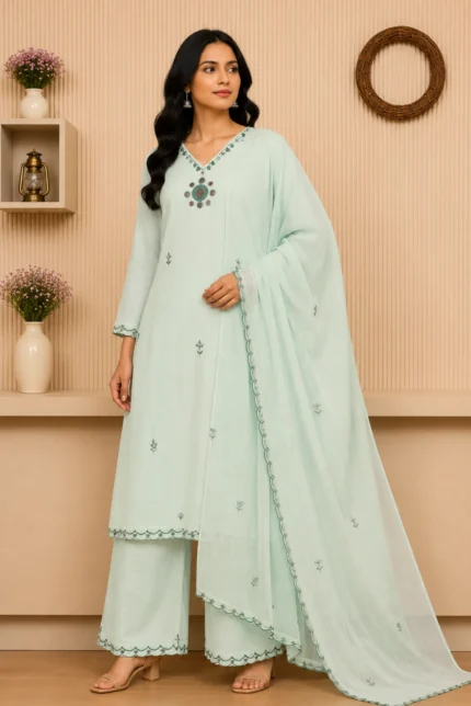 Ice Blue Grace Embroidered Kurta Pant Set with Dupatta