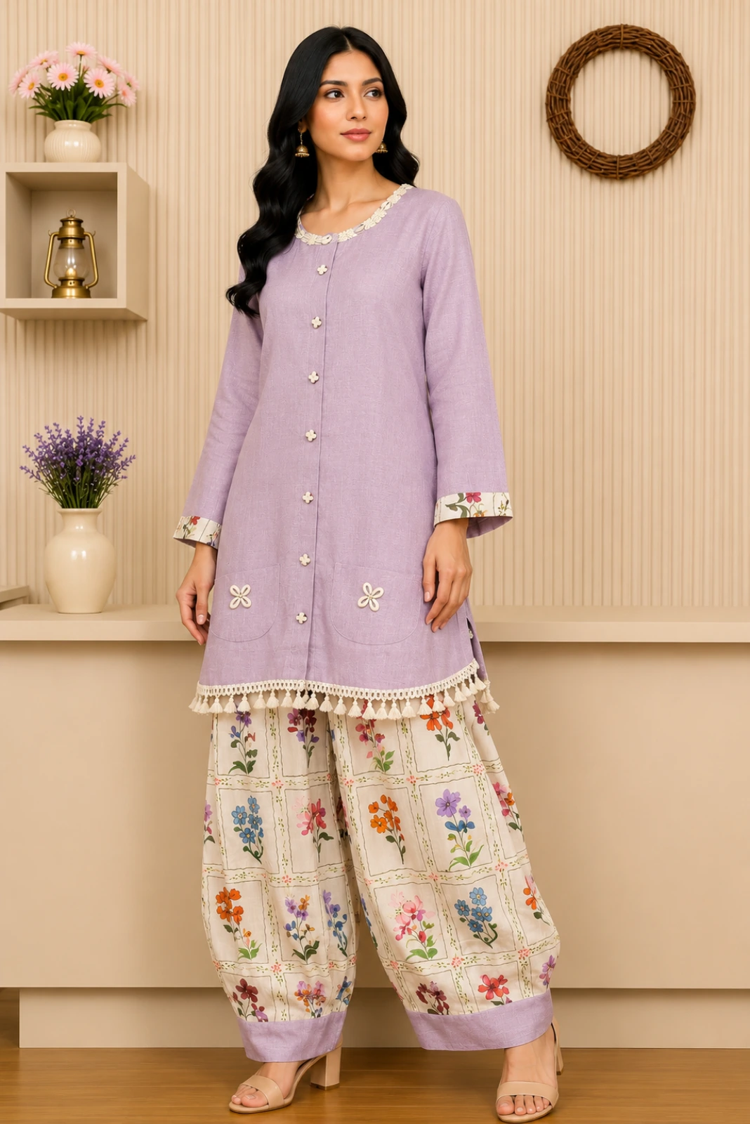 Lavender Kurti & Floral Farshi Salwar Co-Ord Set