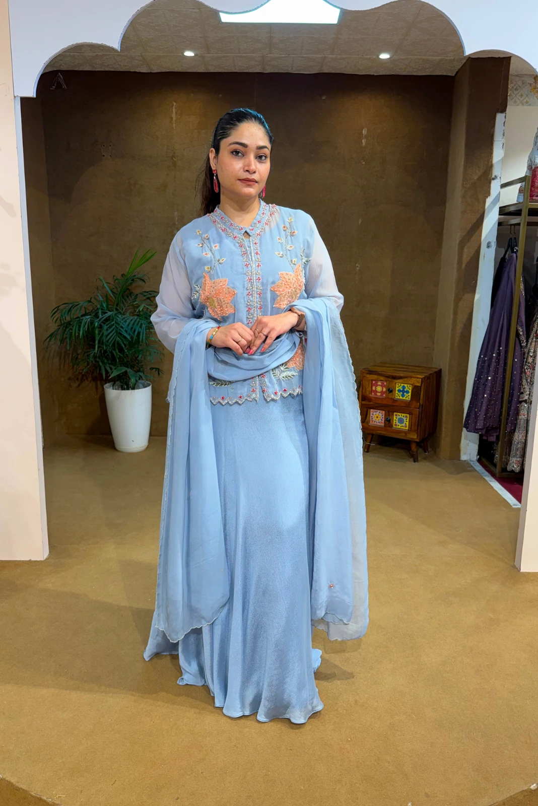 Light Blue Embroidered Jacket with Top, Skirt & Organza Dupatta