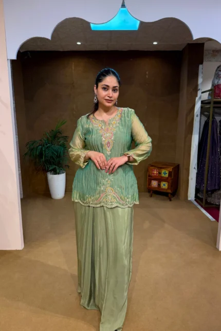 Light Green Embroidered Short Kurti with Skirt