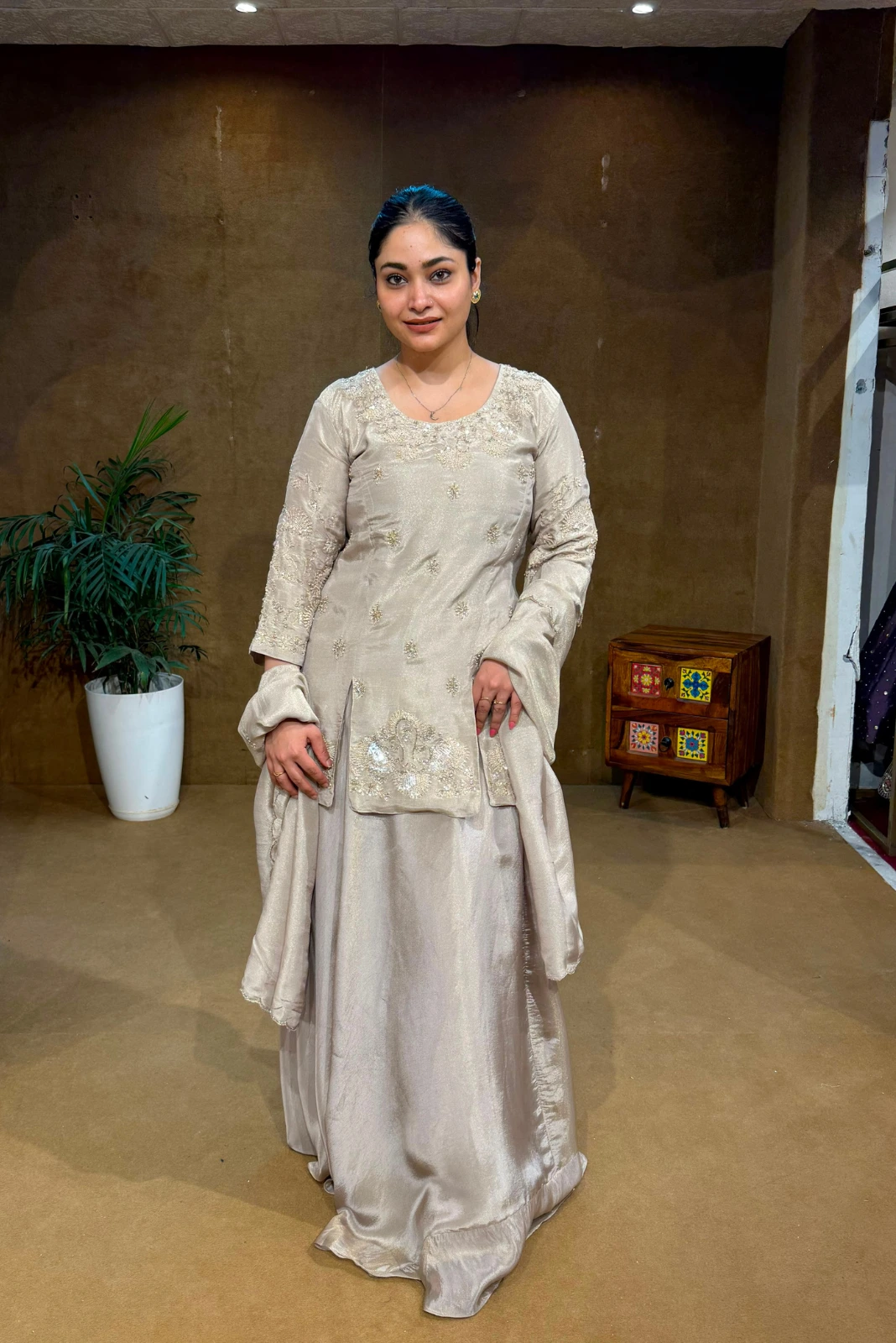 Light Grey Embroidered Kurti with Skirt & Dupatta Set