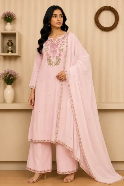 Blush Blossom Embroidered Kurta Pant Set with Dupatta