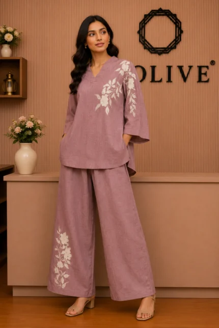 Mauve Floral Embroidered Co-Ord Set