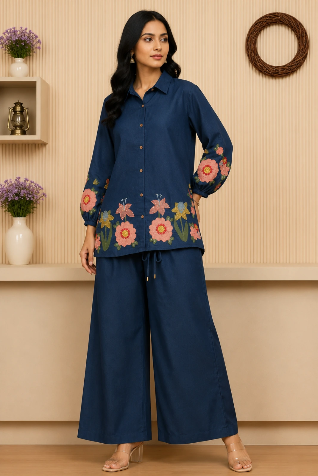 Midnight Blue Floral Embroidered Co-Ord Set