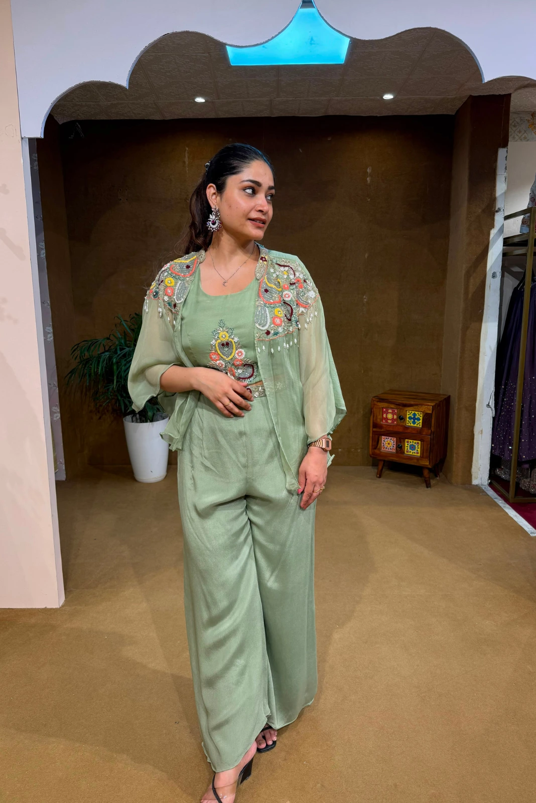 Mint Green Embroidered Co-Ord Set with Sheer Cape