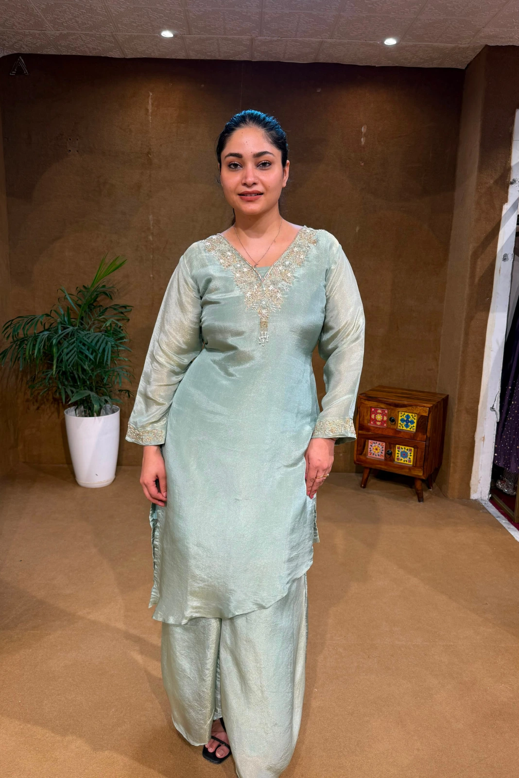 Mint Green Embroidered Kurti with Palazzo Set