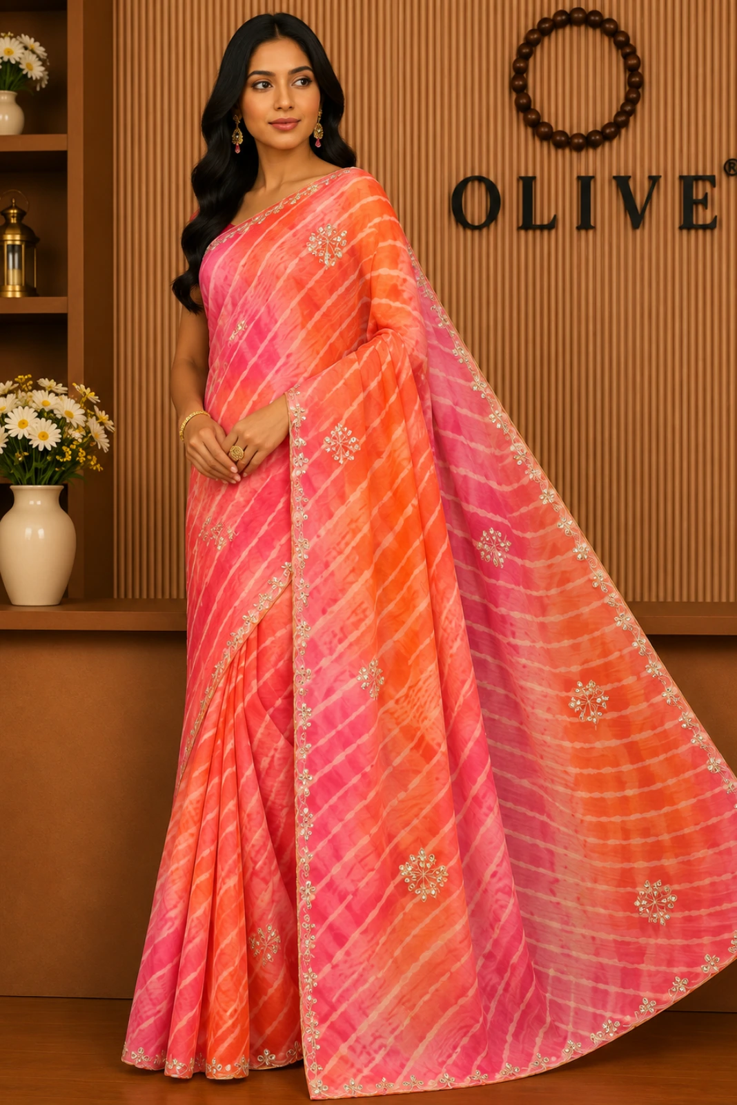 Orange Chiffon Leheriya Embroidered Saree1