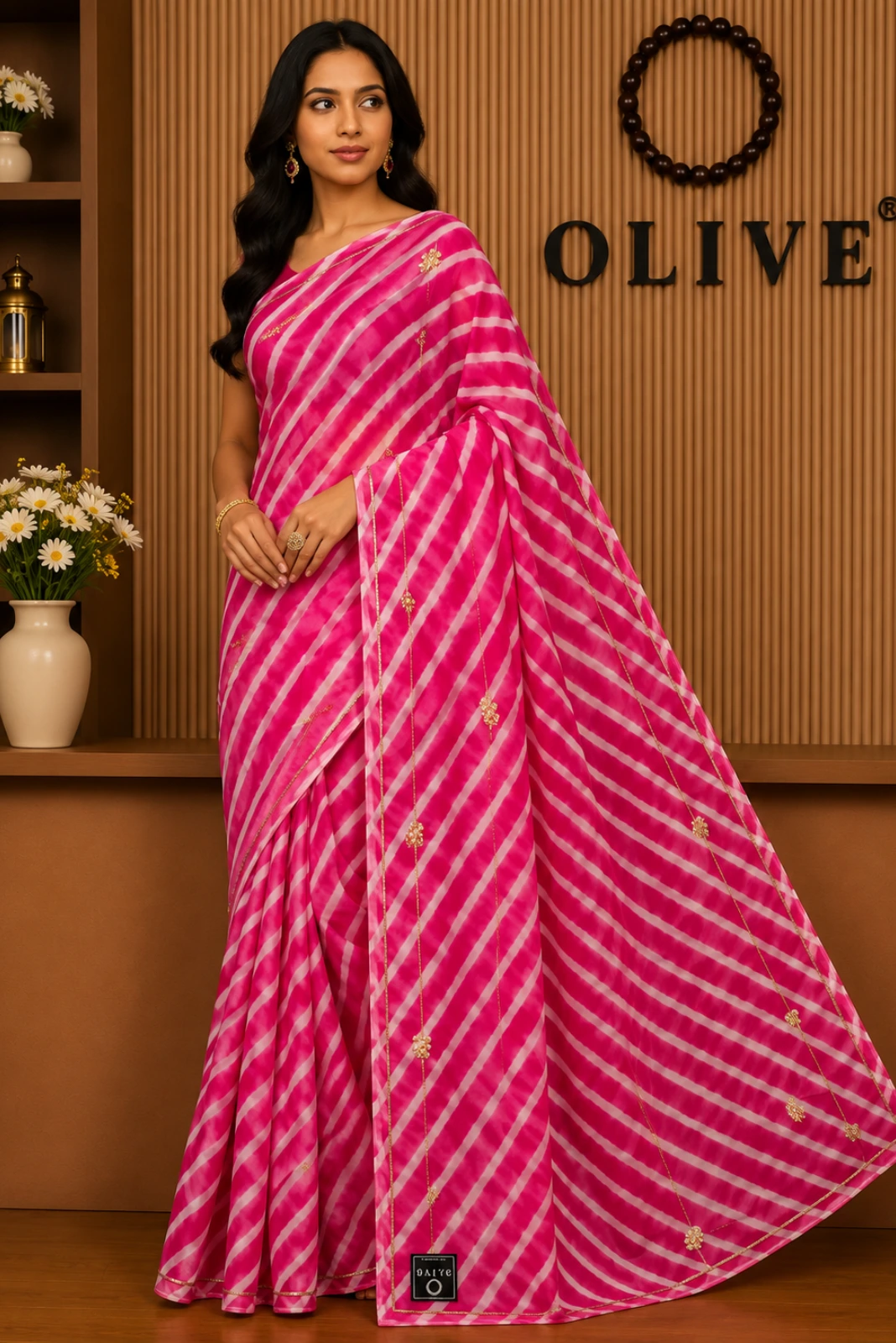 Pink Chiffon Leheriya Embroidered Saree1