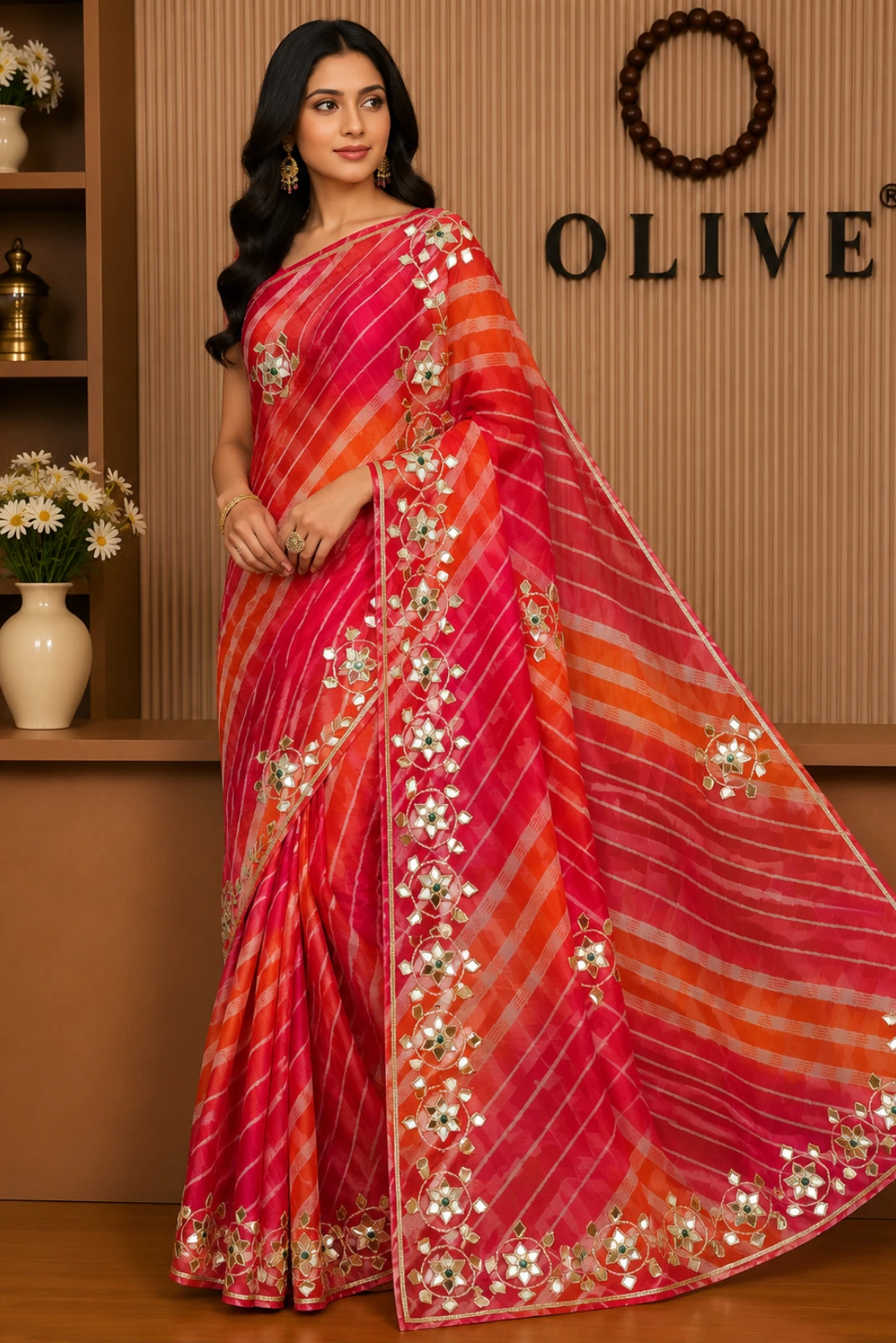Pink Chiffon Leheriya Saree with Gota Patti Flower Work1