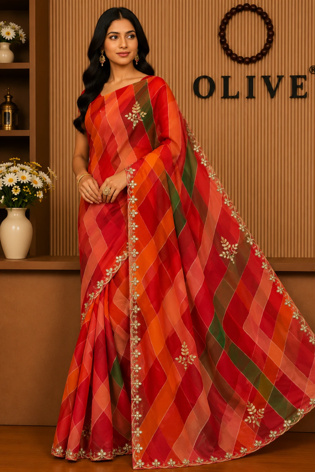 Pink & Red Chiffon Leheriya Embroidered Saree1