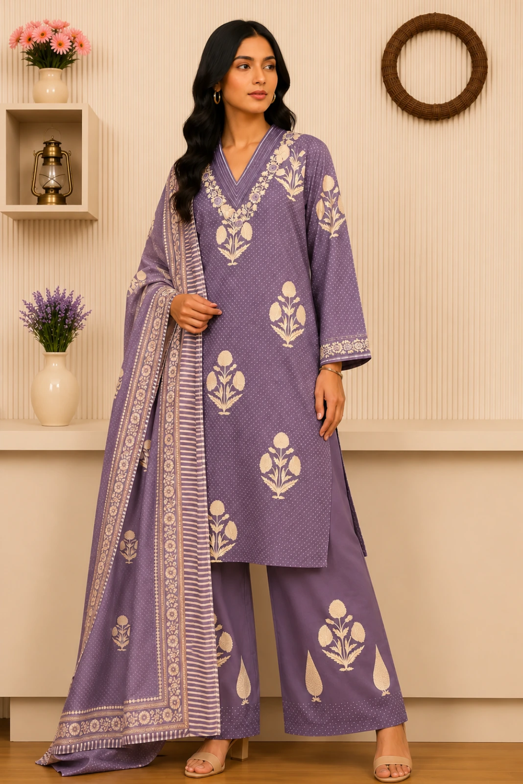 Premium Lavender Floral Kurta with Pant & Dupatta