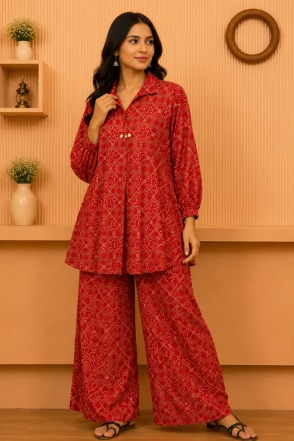 Red Bandhani Kurti with Palazzo Cord Set