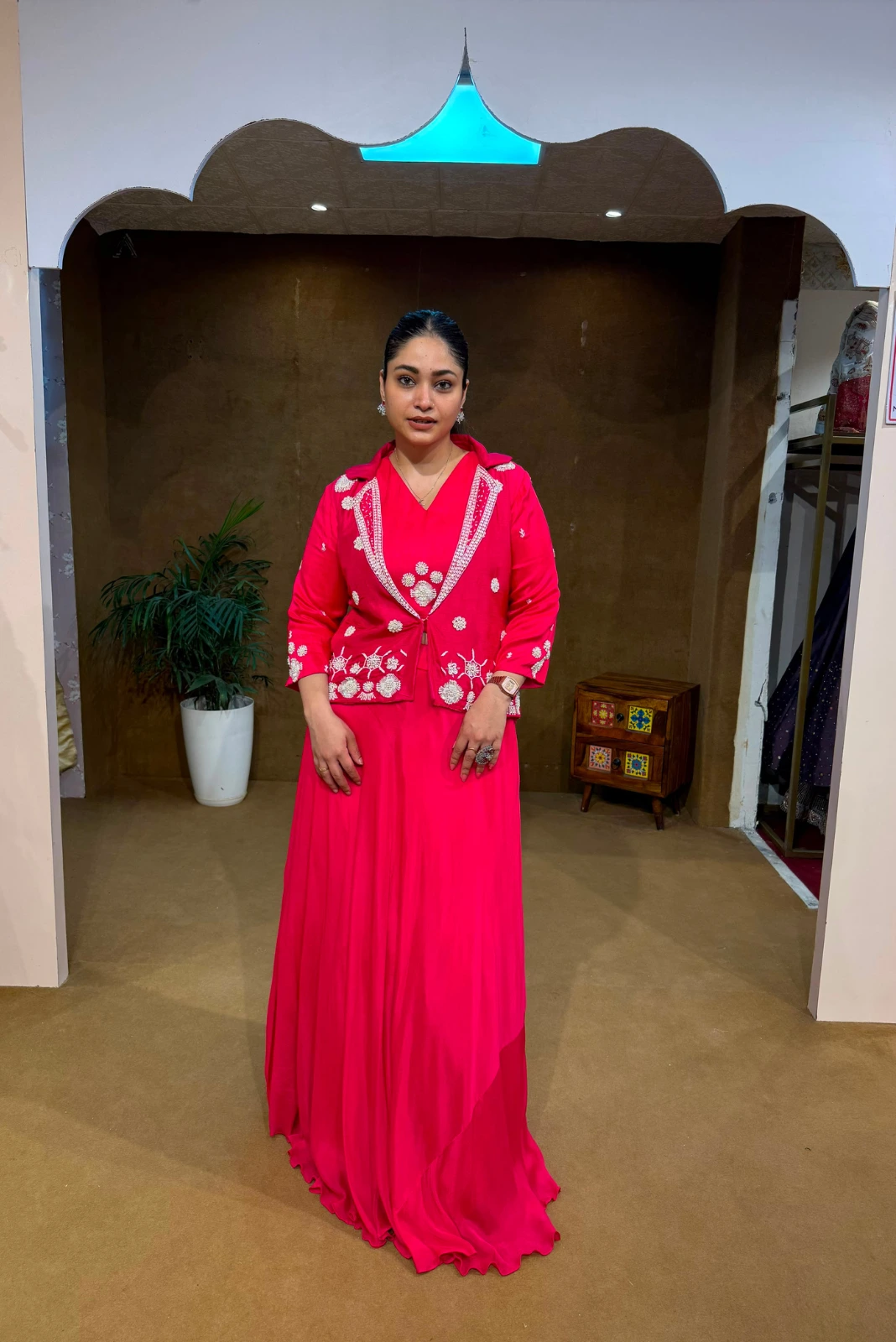 Red Embroidered Crop Top with Jacket & Skirt Set1