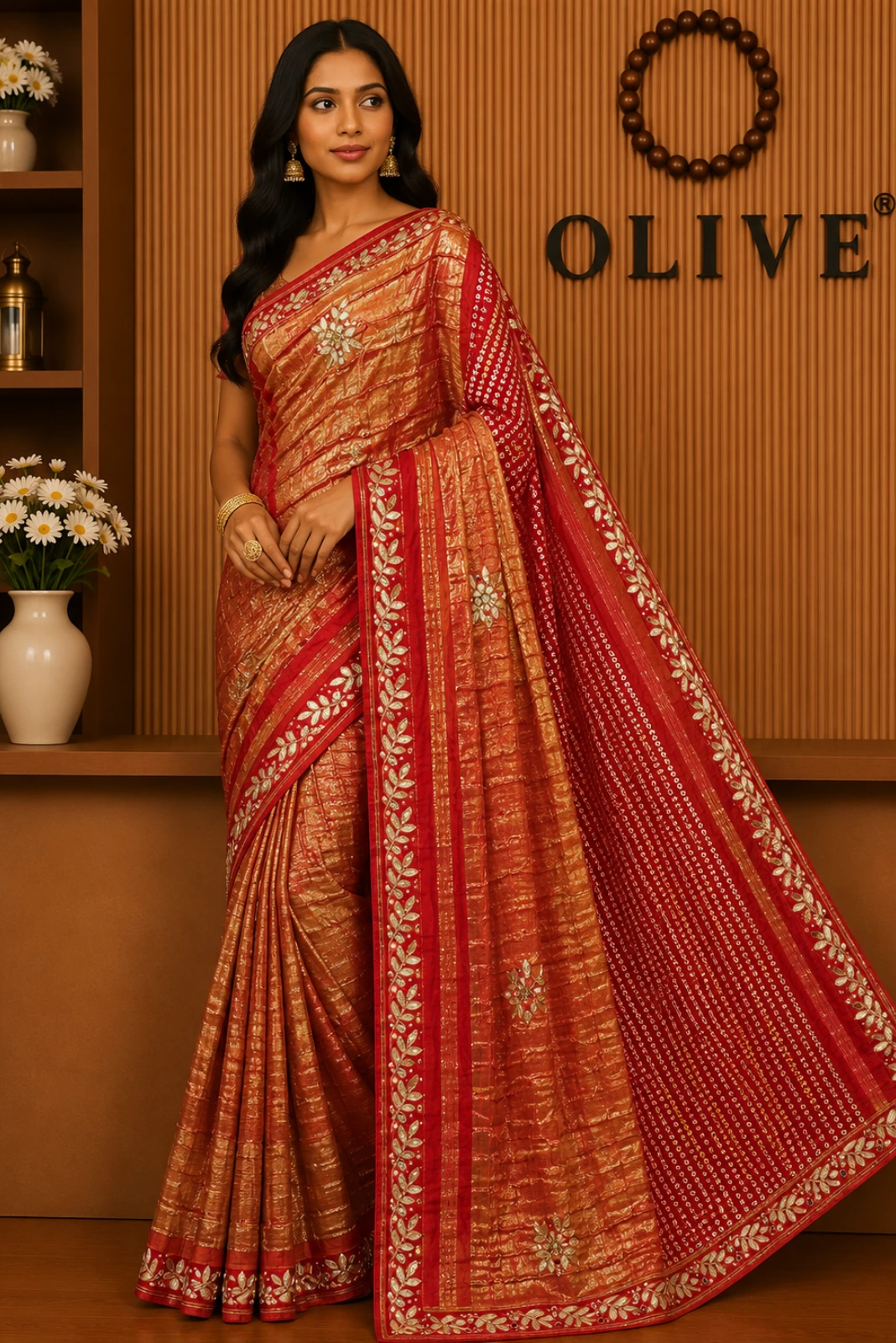 Red Gajji Silk Embroidered Bandhani Saree1